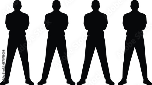 Black silhouette of standing men, identical posture, arms crossed, character design, uniform style, vector clipart, fashion pose, editable graphic