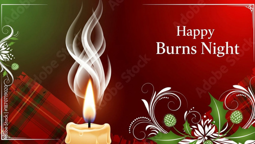 Happy burns night celebration with candle flame and floral design on red background with festival and Scotland