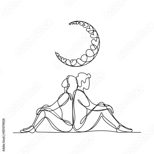 Continuous One Line Drawing of a Couple Sitting Together Under a Crescent Moon for Romantic Minimalism Concept