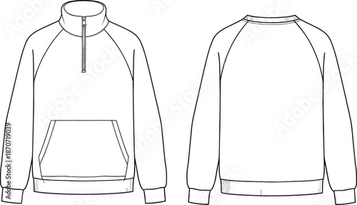 Unisex quarter zip sweatshirt with raglan sleeves and kangaroo pocket front and back view technical CAD drawing flat vector illustration