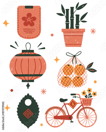 Traditional Chinese New Year lifestyle elements with bicycle, bamboo plant, and lantern.