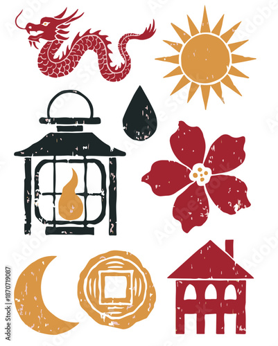 Modern oriental icon set with dragon, pagoda, sushi, and traditional lucky symbols.