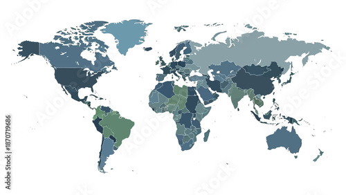 Vector illustration of a global world map on a white background featuring continents like Europe, Asia, and America for travel, geography, and business atlas design