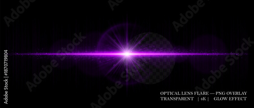 Optical horizontal lens flare with soft reflections, glowing orbs, and radiant beam. Great for digital overlays, photo lighting, and sci-fi design projects.