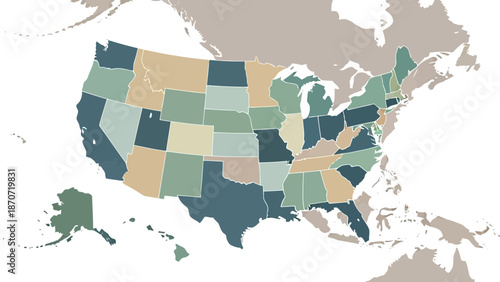 Vector illustration of a blue 3d map of the United States of America featuring country borders and states outlines isolated on a white background for geography atlas and cartography projects