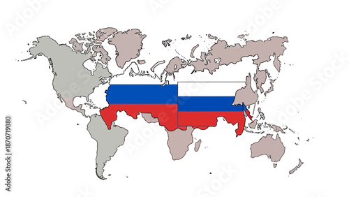 A 3d vector illustration of a Russia map with flag shape and globe outline showing the country geography on a world atlas across the Europe and Asia continent