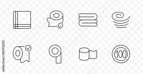 Tissue and hygiene product set icon. Thin icons include napkin, toilet paper, paper roll, swirl, checkmark roll, soft sheets, and numeric badge in clean material theme.