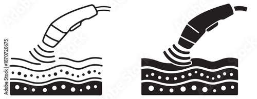 Line art and solid icon set featuring an ultrasound device on skin layers for cosmetology and health applications