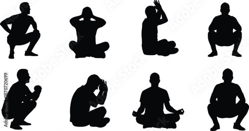 Silhouette collection of a man in various sitting and squatting poses, representing meditation, stress, mental health, yoga, and relaxation.