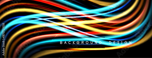 Abstract waves, vibrant colors, dynamic lines. Black background emphasizes bright energy, modern design element.
