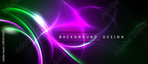 Abstract neon lights create vibrant curves, swirls. Dark background emphasizes glowing purple, green energy. Modern design element.