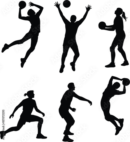 Set of volleyball player silhouettes including male and female athletes serving, jumping, blocking, setting, and spiking isolated on white background.