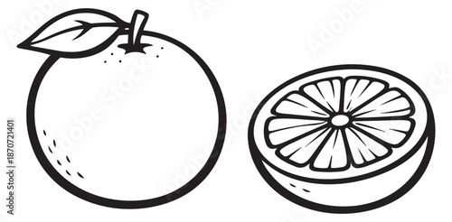 Hand drawn line art orange fruit set featuring a whole orange with a leaf and a sliced orange for healthy food design