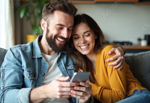 Joyful Couple Sharing a Moment Together While Using a Smartphone in a Cozy Living Room