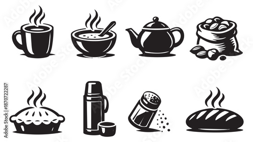 Classic food and drink icon set featuring hot beverages, baked goods, kitchenware, and ingredients for culinary themes