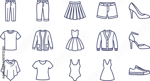 Clothing and fashion icon set featuring casual apparel, summer dresses, footwear, activewear, cardigans, trousers, skirts, sneakers, heels, and lifestyle garment symbols.