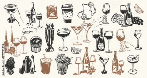 Whimsical sketch style cocktail and drinks vector illustration set. Art for postcards, greeting cards, menu, logo design, background.	
