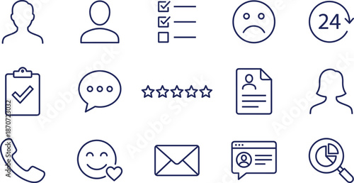 Blue line customer service icons set featuring feedback ratings, user profiles, satisfaction emojis, support contact symbols, business surveys, and support management.