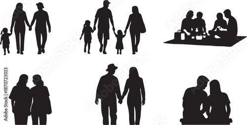 Family Silhouettes in Various Poses and Settings Together