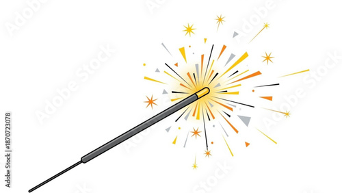 A sparkler emits vibrant yellow and orange sparks on a white background with celebration and party and festival
