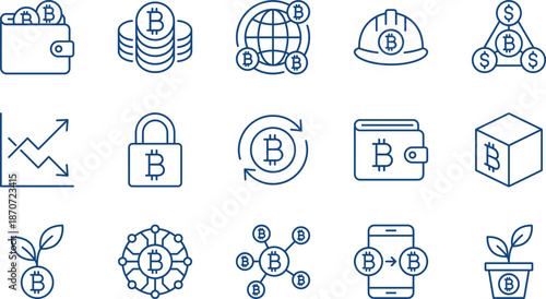 Set of cryptocurrency bitcoin line icons for blockchain technology digital wallet financial mining global payment secure investment growth and online trading