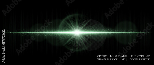 Optical horizontal lens flare with soft reflections, glowing orbs, and radiant beam. Great for digital overlays, photo lighting, and sci-fi design projects.