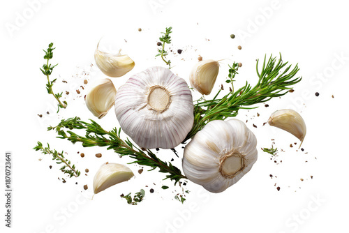 Fresh garlic bulbs and cloves with herbs isolated on transparent background