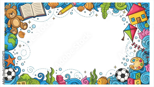 Vibrant kids educational border with toys and school supplies