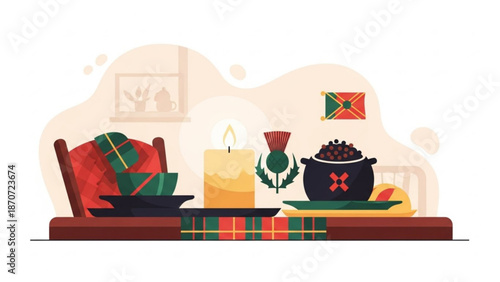 Scottish themed table setting with thistle candle and cauldron on plaid runner with cozy and Scotland