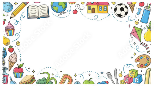 Colorful educational border with fun school icons and objects