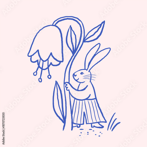 Cute hand-drawn Easter bunny holding a spring flower. Minimal blue line art in a naive folk art style. 