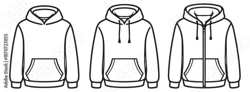 Hand drawn line art hoodie set featuring various pullover and zip-up styles for fashion and apparel design