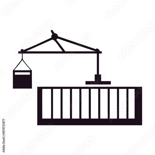 A black silhouette icon of a port crane lifting a cargo container, symbolizing global shipping, logistics, and industrial transport, isolated on