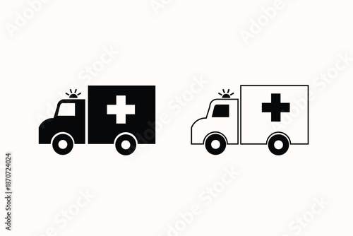 Ambulance emergency vehicle icon set for healthcare and medical services. Ideal for hospital graphics, emergency response visuals, and health applications.