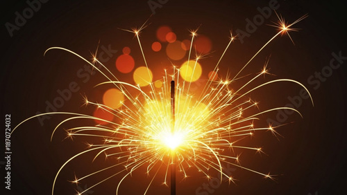 A vibrant sparkler emits bright golden sparks against a dark background with warm bokeh lights with fireworks
