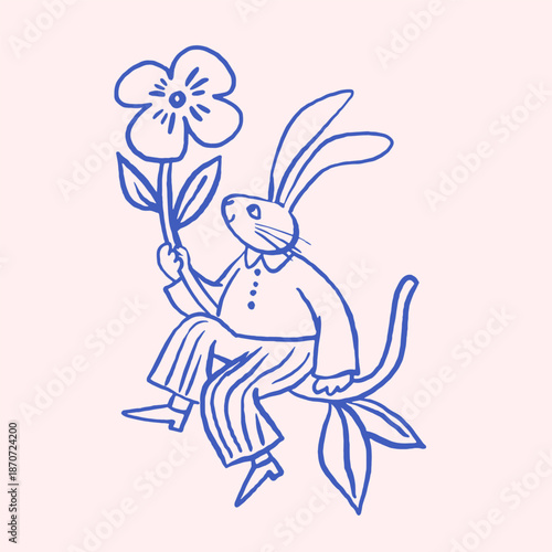 Cute hand-drawn Easter bunny holding a spring flower. Minimal blue line art in a naive folk art style. 