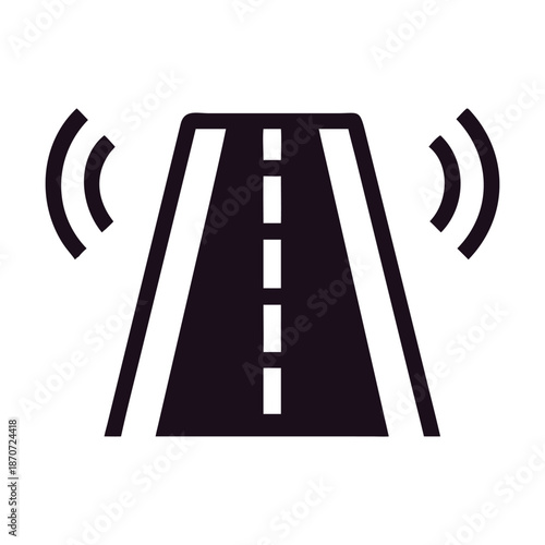 A minimalist icon depicting a smart road with signal waves, symbolizing autonomous vehicles, intelligent transportation systems, and modern infrastructure