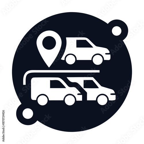 Graphic illustration depicting carpooling, ridesharing, or vehicle tracking services, with a prominent location pin, multiple cars, and a dark circular background