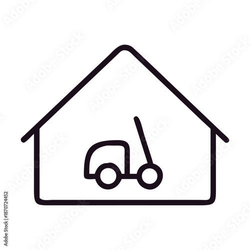 Line art icon featuring a lawnmower stored inside a house or shed, representing home maintenance, garden equipment, property care, and tool storage