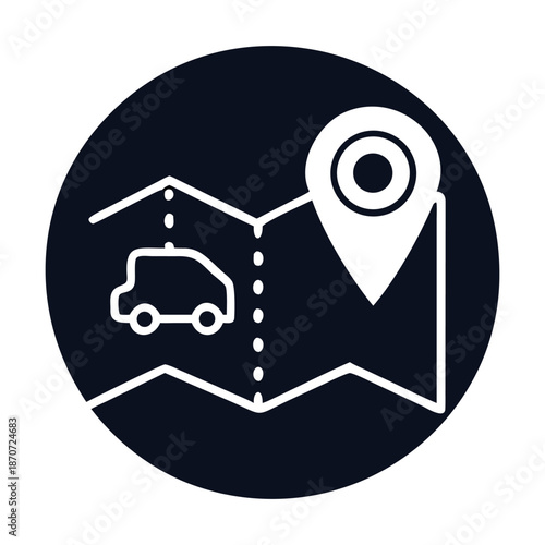 Abstract representation of a car journey on a map with a prominent location pin, symbolizing navigation, travel, destination finding, and gps technology