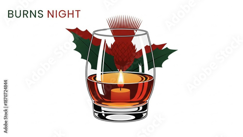 Whisky glass with candle and thistle for burns night celebration on white background with Scotland and Scottish