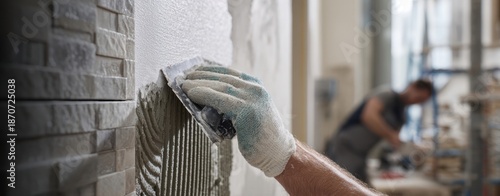 The tile installer's hand applying mortar to a stone wall during interior renovation work
