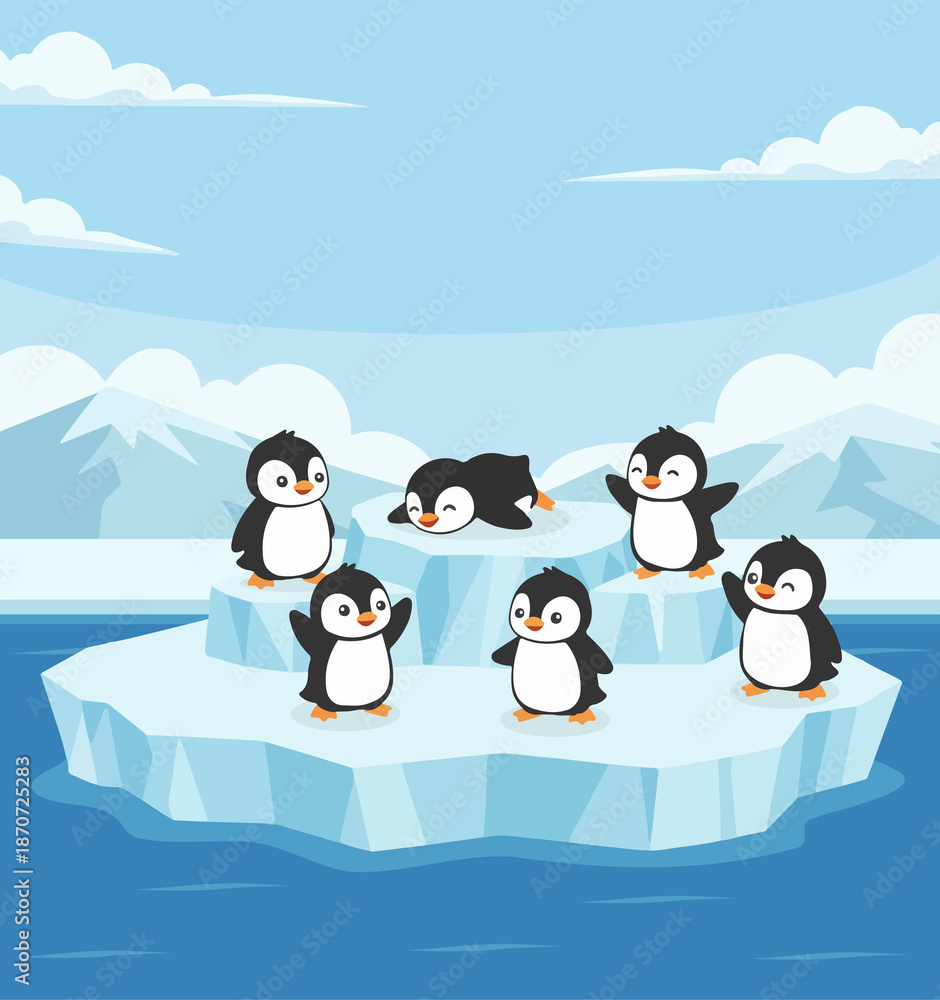 Obraz premium Cute Cartoon Penguins Group on Floating Iceberg Illustration