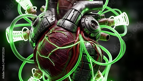 Rotating 3D Cybernetic Human Heart with Neon Green Glowing Tubes