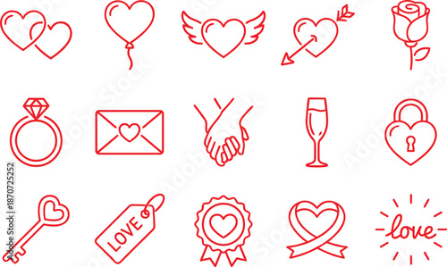 Valentines day line icon set, red outline love symbols collection, heart romance wedding dating icons, minimal editable vector illustration