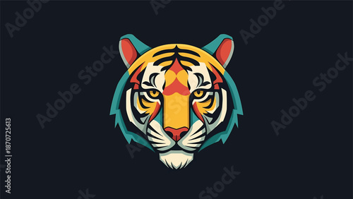 Vibrant tiger head illustration showcasing bold colors and intricate details, centered.