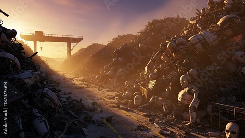 Cinematic Dystopian Scrap Yard Piles of Broken Humanoid Robots at Sunset
