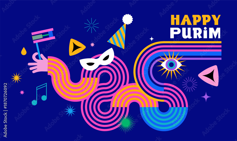 Naklejka premium Happy Purim, poster with geometric carnival elements