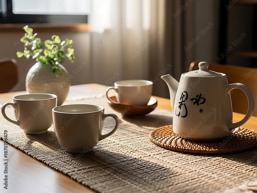 Fototapeta premium Minimal Japanese Tea Set with Calligraphy Teapot