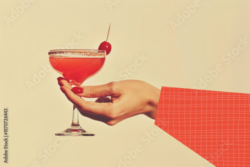 Modern collage illustration of a female holding a cocktail drink. Party celebration design © ink drop